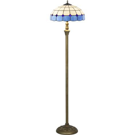 Tiffany-Style Floor Lamp with Handcrafted Stained Glass Shade, 152cm Tall Vintage Standing Lamp with Foot Switch Dual Sockets for Living Room Bedroom, Bronze Tone Blue (1/5)