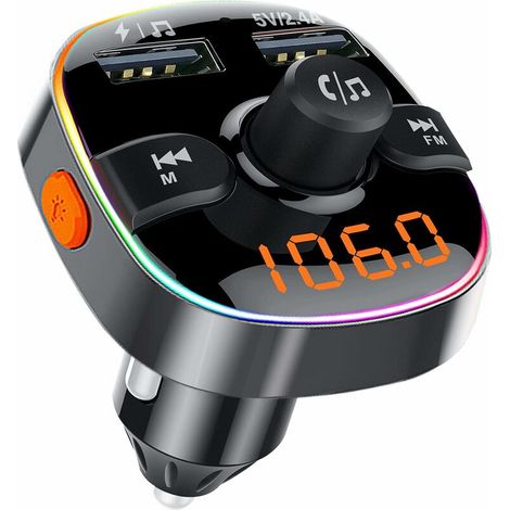 VURAHOME - Bluetooth Voiture, Transmetteur FM Bluetooth, Adaptateur Bluetooth Voiture, Appel Mains Libres, Chargeur Voiture, avec Lumière Colorée (1/5)