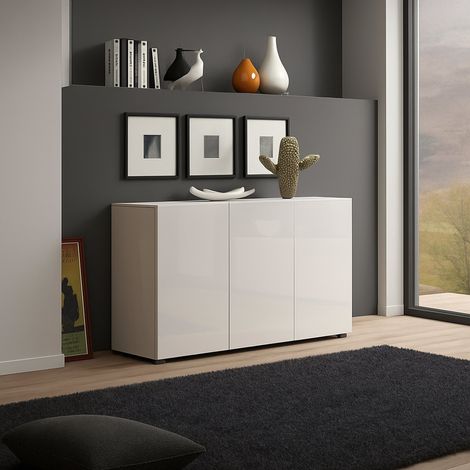 Dmora – Buffet Amelyah 135x38x79 cm – 2 étagères – 4 compartiments – Panneau mélaminé – Blanc brillant – Made in Italy (1/5)