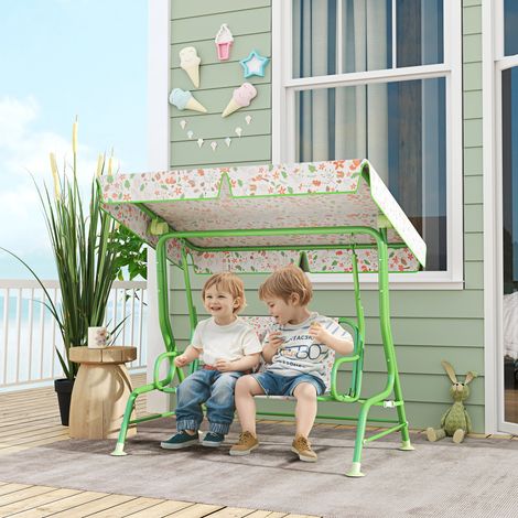 Balançoire extérieure deux places pour enfants avec auvent réglable et ceintures de sécurité. 112 x 75 x 120 cm. Verte.