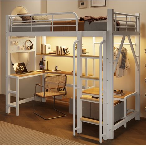 Hochbett 90x200 cm Weiß aus Metall und MDF mit Schreibtisch, LED, USB und Stauraum (1/5)