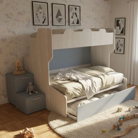 Letto a castello con gradini a cassetti e passerella - Una piazza e mezza e singola - Rovere Rock e Avio