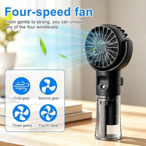 Mini Portable Fan, Misting Fan, USB Rechargeable Pocket Fan with Adjustable Speeds and Water Mist, Silent Portable Fan for Home, Office, Travel (Black) (1/4)