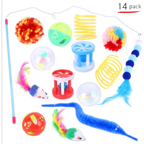 Ensemble de jouets pour chat, chaîne pour chat, bâtonnet amusant pour chat, souris en peluche, jeux de combinaison variés (14 ensembles) (1/5)