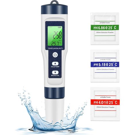 PH TDS mètre, testeur de qualité de l'eau 5 en 1 PH/TDS/EC/sel/température TDS mètre LCD rétro-éclairage vert pour piscine/aquarium/étang