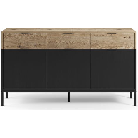 Buffet, meuble de rangement avec 3 portes et 3 tiroirs aspect bois coloris chêne et pieds en métal noir - Longueur 150 x Profondeur 40 x Hauteur 80 cm (1/5)