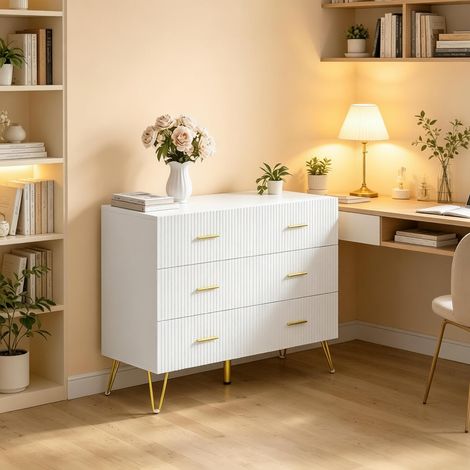 Commode 6 tiroirs 100x40x75 cm, buffet de rangement polyvalent, métal et bois blanc et doré