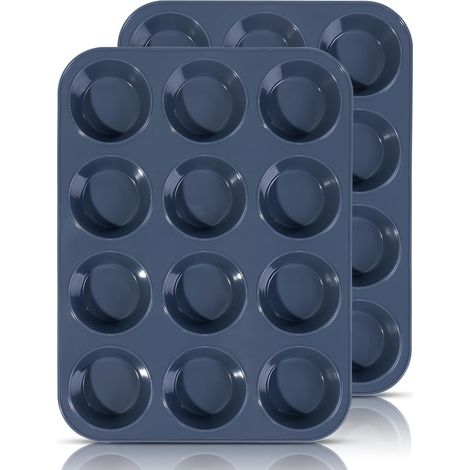 2 große Silikon-Muffinformen für 12 Muffins, antihaftbeschichtete Formen für Cupcakes, Brownies, Puddings, 30 cm x 22 cm x 3 cm (grau) (1/5)