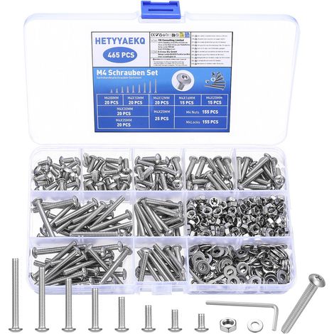 465 Pcs Vis M4, Vis à Tête Bombée à Six Pans Creux en Acier Inoxydable avec écrous Rondelles, Vis à Tête Cylindrique Hexagonale, Boulons a Tête Cylindrique Ronde, Boutons à Tete Hexagonale avec Écrou (1/5)