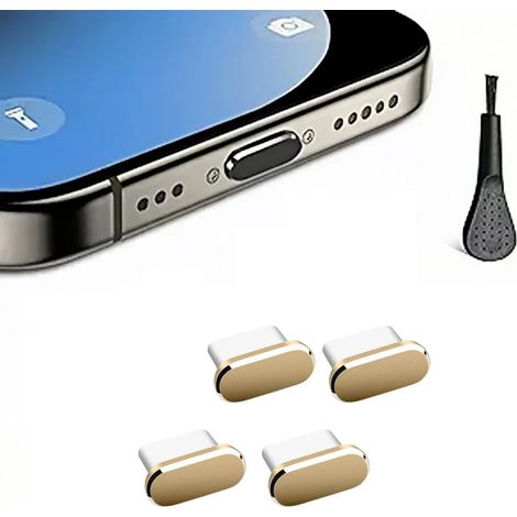 Lot de 4 caches anti-poussière pour ports USB-C avec brosse de nettoyage, compatibles avec iPhone, Samsung et tous les smartphones (couleur or). (1/5)