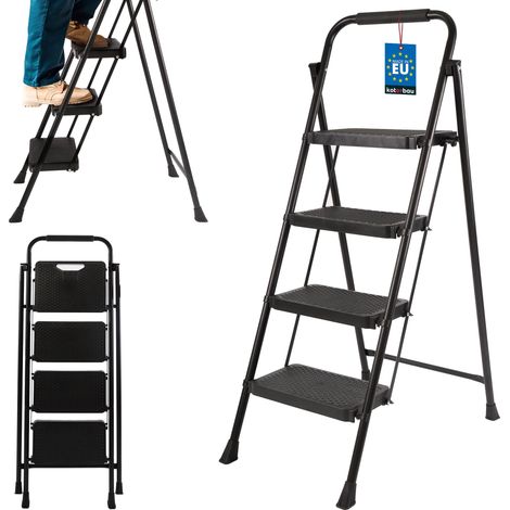 KOTARBAU® Escabeau 2 Marches - Escabeau Pliable - Acier Thermolaqué - Escabeau Escalier - Antidérapant et Stable - H : 93 cm - Noir (1/4)