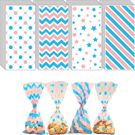 Sachet Cellophane - 27 x 13 cm - Motifs Imprimés Rayures Points - Matière OPP Non Toxique - Avec Liens Torsadés Or - Lot de 50 (1/5)