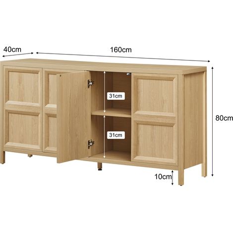 Buffet design 160x40x80 cm chêne clair, commode chambre avec système Tip-On, charnières amorties et fixation murale anti-basculement