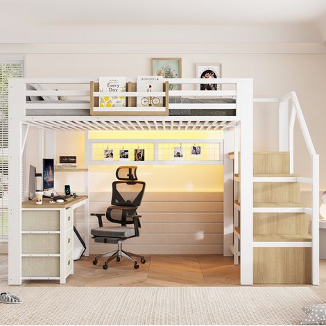 Hochbett 140x200 cm mit Schreibtisch, 3 Schubladen, Schrank, Leiter und weißer LED HAVRYA (1/5)