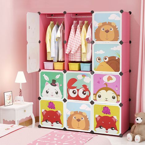 Aqrau Armoire modulaire pour enfants, penderie portable, avec portes, pour vêtements, chaussures, jouets, livres, facile à assembler, rose 111 x 37 x 147 cm