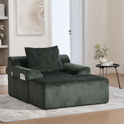 REDOM Canapé avec repose-pieds velours côtelé poches latérales et coussins de dossier couleur emeraude aucun assemblage requis (1/5)