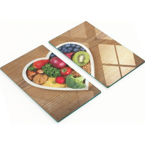 Juego de dos tablas de cocina decorativas de cristal con forma de coraz贸n y verduras, 2 x 30 x 52 cm.