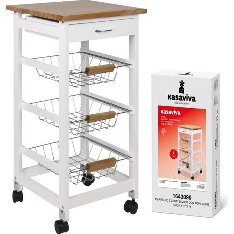 Carrello da Cucina in Legno 3 Cassetti Bianco Top Legno 37 x 37 x 76 cm