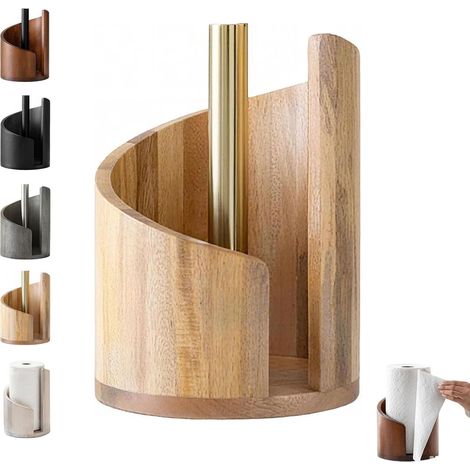 Porte-essuie-tout en bois de manguier - 1 unité - Style moderne avec base en fer - Déroulement à une main - Pour cuisine et salle de bain - Compatible rouleaux Jumbo (1/5)
