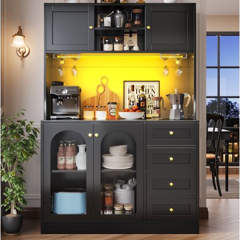 Credenza buffet in MDF nero 120x40x188 cm con LED controllabile da app e ampio spazio contenitivo (1/5)