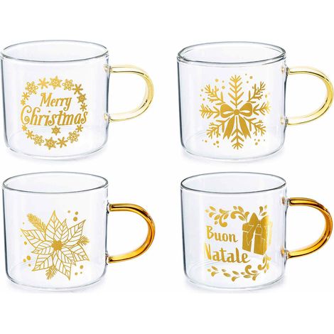 Tazzine natalizie da caffè in vetro borosilicato stampa e manico colorato effetto dorato, set da 16 pezzi, Ø 5,5 cm x 5 H
