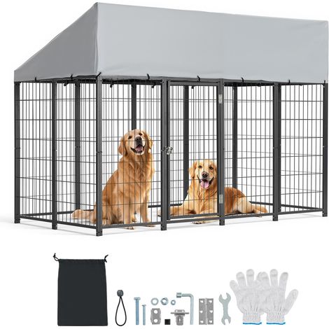 Chenil Extérieur 2,4x1,2x1,65 m Enclos pour Chien avec Toit Cage Extérieure pour Grands Chiens Parc Robuste pour Chiens avec Bâche PE Résistante aux UV et Imperméable, Verrou de Porte Sécurisé (1/5)