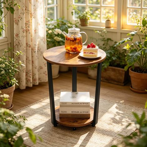 Mesa auxiliar redonda de madera y metal marrón Ø 50 x 53 cm con 2 estantes (1/4)