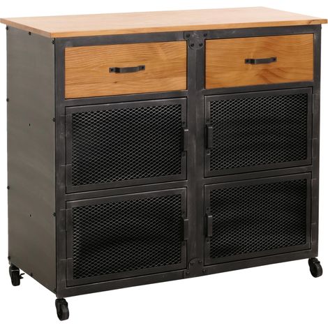 Carro de taller HHG-081, carro, ruedas 2 cajones, estructura 3D metal madera 90x100x40cm, negro, natural