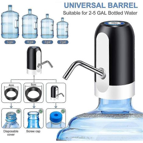 Pompe à eau pour bouteille, 2 adaptateurs supplémentaires pour bouteilles de différents calibres, distributeur d'eau électrique portable avec 2 tuyaux à couper (noir) (1/5)