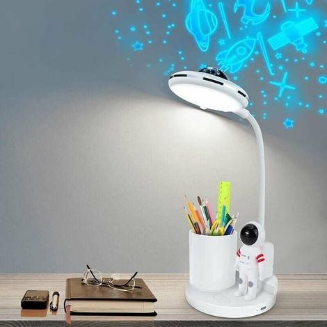 Lampe de Bureau Enfant, Lampe de Table Sans Fil Dimmable, Lampe de Bureau Rechargeable avec Projection et Porte-stylo, Lampe de Lecture LED (1/4)