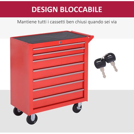 Chariot de rangement 7 tiroirs rouge, avec tapis EVA antidérapant, serrure de sécurité + 2 clés, roulettes freinables et poignée ergonomique (1/5)