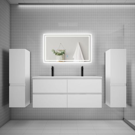 Ensemble meuble de salle de bains 120cm, double vasque + colonne + LED miroir,blanc (1/5)
