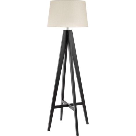 Lampadaire chevalet bois foncé, abat-jour en lin crème tissu teinté bois foncé (1/3)