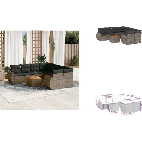 9-tlg. Garten-Sofagarnitur mit Kissen Grau Poly Rattan - Gartenmöbel Set - PE-Rattan Möbel - Outdoor Lounge - Esstisch - Gartenlounge (1/3)