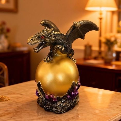 Statue Lumineuse Dragon Volant - Boule À Plasma Jaune - Sculpture En Résine Avec Éclairage LED - Décoration Intérieure Pour Chambre Et Salon - 1 Pièce (1/5)