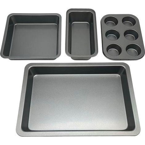 Relaxdays Set de 4 pièces, moule à muffins, moule à cake, 2 plats à rôtir, antiadhésif, acier carbone, gris foncé