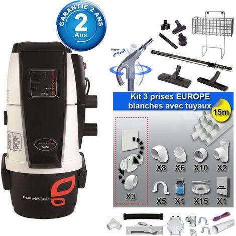 Aspiration centralisée sans sac Air Tecno Style MINI 150 (jusqu’à 150 m²), Garantie 2 ans + Set inter 9 M + 8 accessoires + kit 3 prises + kit prise balai + kit prise garage