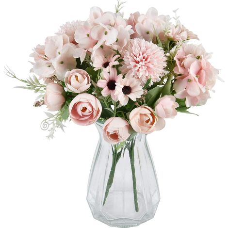Bouquet Artificiel 2 Pièces Roses Fausses Pivoines Hortensias Oeillets Fleurs Artificielles Arrangements De Fleurs (1/5)
