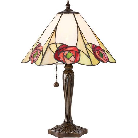 Lampe de table vitrail Tiffany roses, tirettes, INGRAM (1/4)