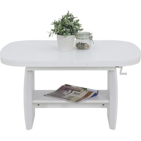Table Basse Fonctionnelle, Aspect Bois mélaminé, décor Blanc, Extensible de 90 à 142 cm, réglable en Hauteur avec manivelle de 52 à 62 cm (1/5)