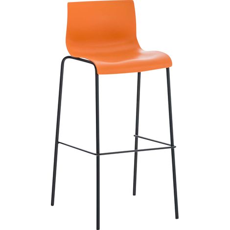 Tabouret de bar x1 plastique orange piètement métal noir 4 pieds avec dossier et repose-pieds 100006835