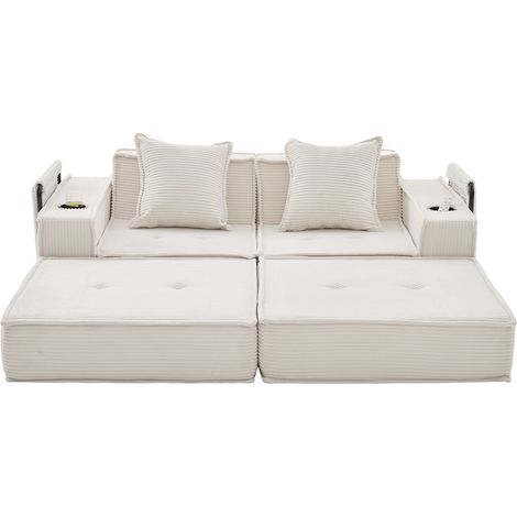 Divano letto 2 posti in velluto a coste beige con 2 cuscini, tasche laterali e portabicchieri (1/5)
