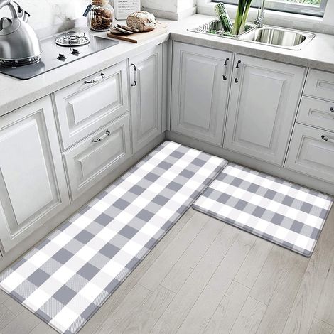 Simple and popular kitchen floor mat, anti-fatigue, made of PVC leather, waterproof and oil-proof, easy to clean - gray and white checkered pattern - 4470CM10mm