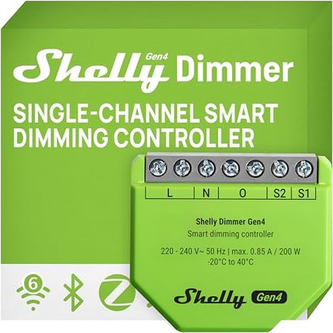 Shelly Dimmer Gen4 – Módulo regulador de luz LED inalámbrico 150 W, Zigbee, Wi-Fi y Bluetooth, con Matter, Sin neutro, Control remoto por la app Shelly o por Alexa, Siri, Google y SmartThings
