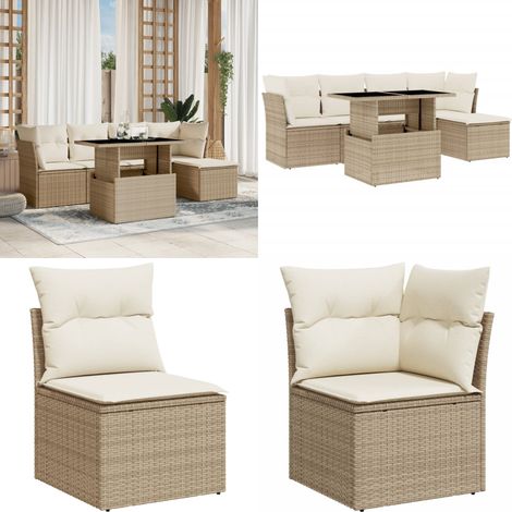 6-tlg. Garten-Sofagarnitur mit Kissen Beige Poly Rattan - Gartenmöbel Set - PE-Rattan Möbel - Outdoor Sofa - Lounge Set - Gartenlounge - Home & Living (1/5)