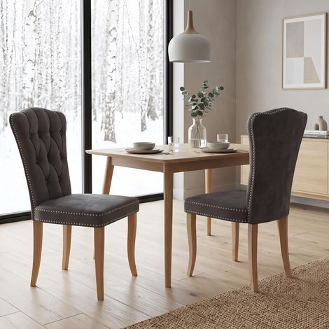 Lot de 2 Chaises Moyen Siècle - Chaise de Cuisine Rembourrée - Pieds Bois Massif et Rivets - Chaise rétro campagne, flanelle Gris (1/5)