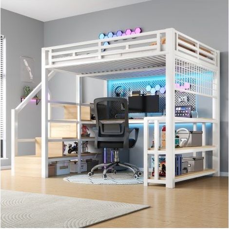 Lit mezzanine 140x200, structure métal robuste lit mezzanine avec bureau, garde-corps haut, escalier avec rangement, LED, USB Type-C (1/5)