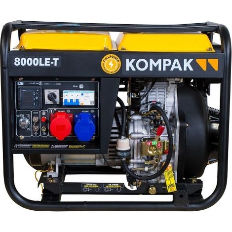 Groupe électrogène diesel 6400W – Monophasé et triphasé – Moteur 4 temps OHV 498cc – Démarrage électrique – Autonomie 12.5h à 50% de charge – Kompak