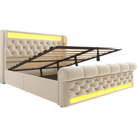 Gepolstertes Doppelbett 140x200 cm aus beigem Samt mit LED, Stauraum und Matratze (1/5)