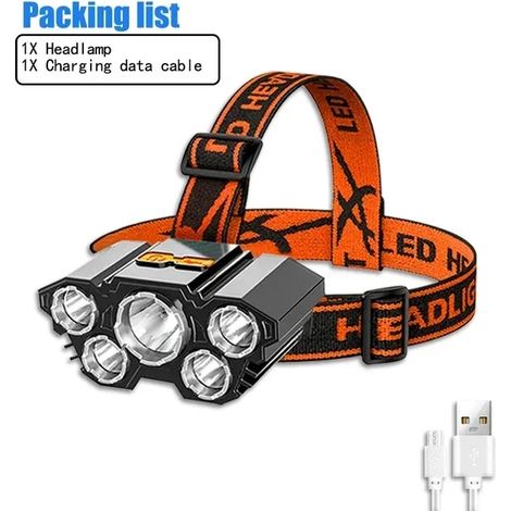 Lampe frontale rechargeable USB (5 LED) à haute luminosité avec 8 LED, 4 modes d'éclairage, étanche IPX4. (1/5)